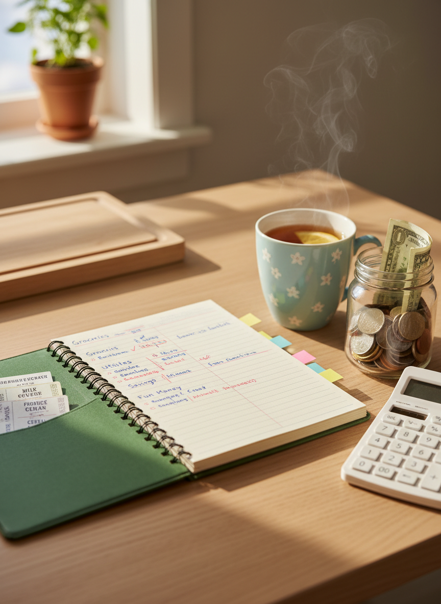 A cozy, well-worn spiral notebook open on a light oak kitchen table, filled with neatly handwritten budgeting notes, colorful sticky tabs, and a few clipped supermarket coupons peeking out. Nearby, a simple calculator, a clear glass jar half-filled with mixed coins and a few folded bills, and a pastel-colored ceramic mug of tea create a lived-in, relatable scene. Soft morning daylight filters through an unseen window, casting gentle shadows and a warm, hopeful glow. Shot at eye level with a shallow depth of field so the notebook’s pages are in crisp focus while the background softly blurs. The photographic realism feels playful yet calm, like a friendly workspace for planning how to spend less and live better.