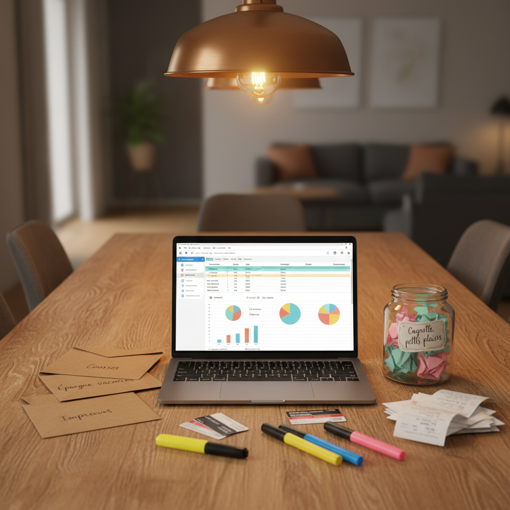 A sturdy wooden dining table laid out like a savings command center: an open laptop displaying a colorful, simple budget spreadsheet, several envelopes labeled “Courses”, “Loisirs”, “Épargne vacances”, and “Imprévus”, and a clear glass jar with a handwritten “Cagnotte petits plaisirs” label, containing a few cheerful pastel-colored notes. Around them, a scatter of highlighters, a small stack of supermarket loyalty cards, and a neat pile of receipts add authentic detail. Warm pendant lighting from above creates a cozy, golden pool of light on the tabletop, with the background softly fading into darkness. Shot from a slightly elevated angle in photographic realism, the mood is comforting and optimistic, like an evening spent calmly taking back control of the family budget.