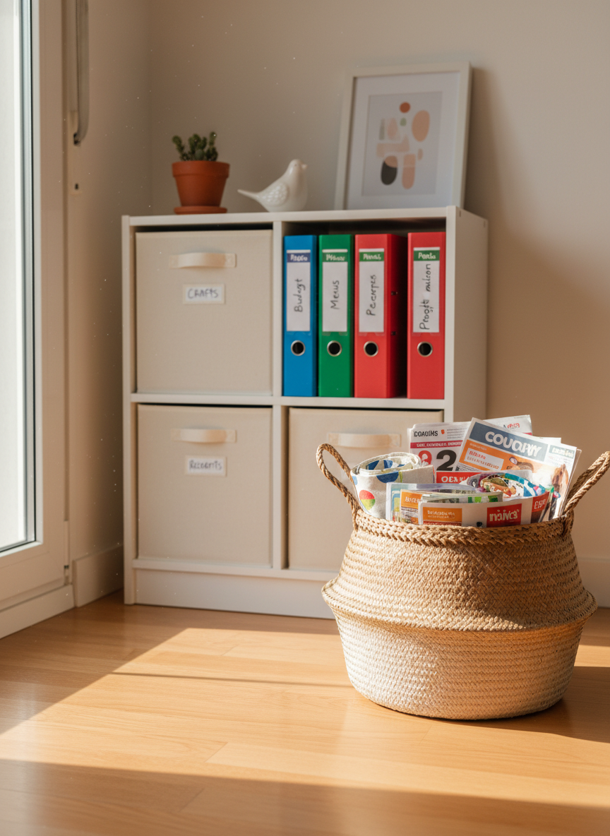 A small, tidy living room corner featuring a compact white bookshelf carefully organized with labeled storage boxes, a few budget-friendly home decor items, and practical binders titled “Budget”, “Menus”, and “Projets maison”. A woven basket holds rolled-up reusable shopping bags and neatly stacked discount flyers. Natural afternoon light pours in from the side, illuminating the textures of fabric, paper, and woven fibers, creating soft, elongated shadows on the hardwood floor. The composition follows the rule of thirds, with the bookshelf slightly off-center and the basket in the foreground, creating depth. Photographic realism with a bright, playful atmosphere, conveying control, simplicity, and the quiet pride of an organized, thrifty home.