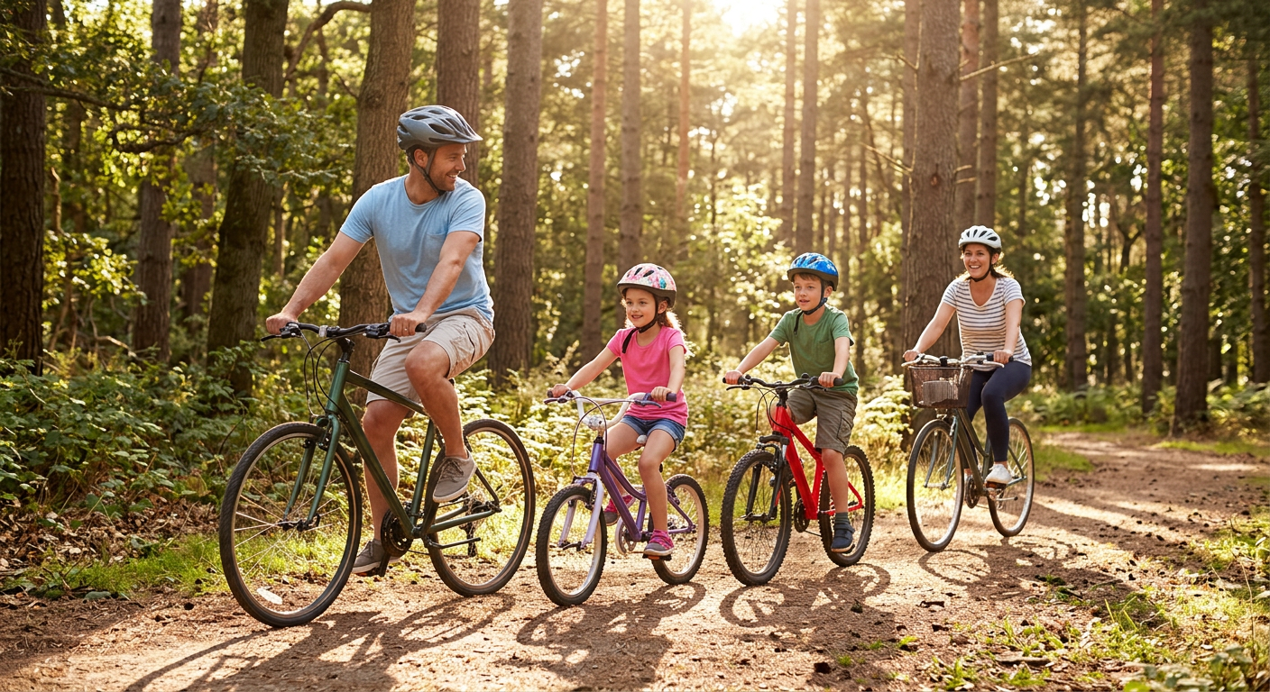 A man, woman, and two children riding bicycles on a forest path wearing helmets