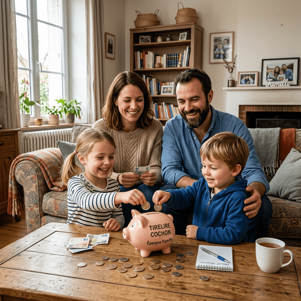 Two children putting coins into a piggy bank while parents watch and smile