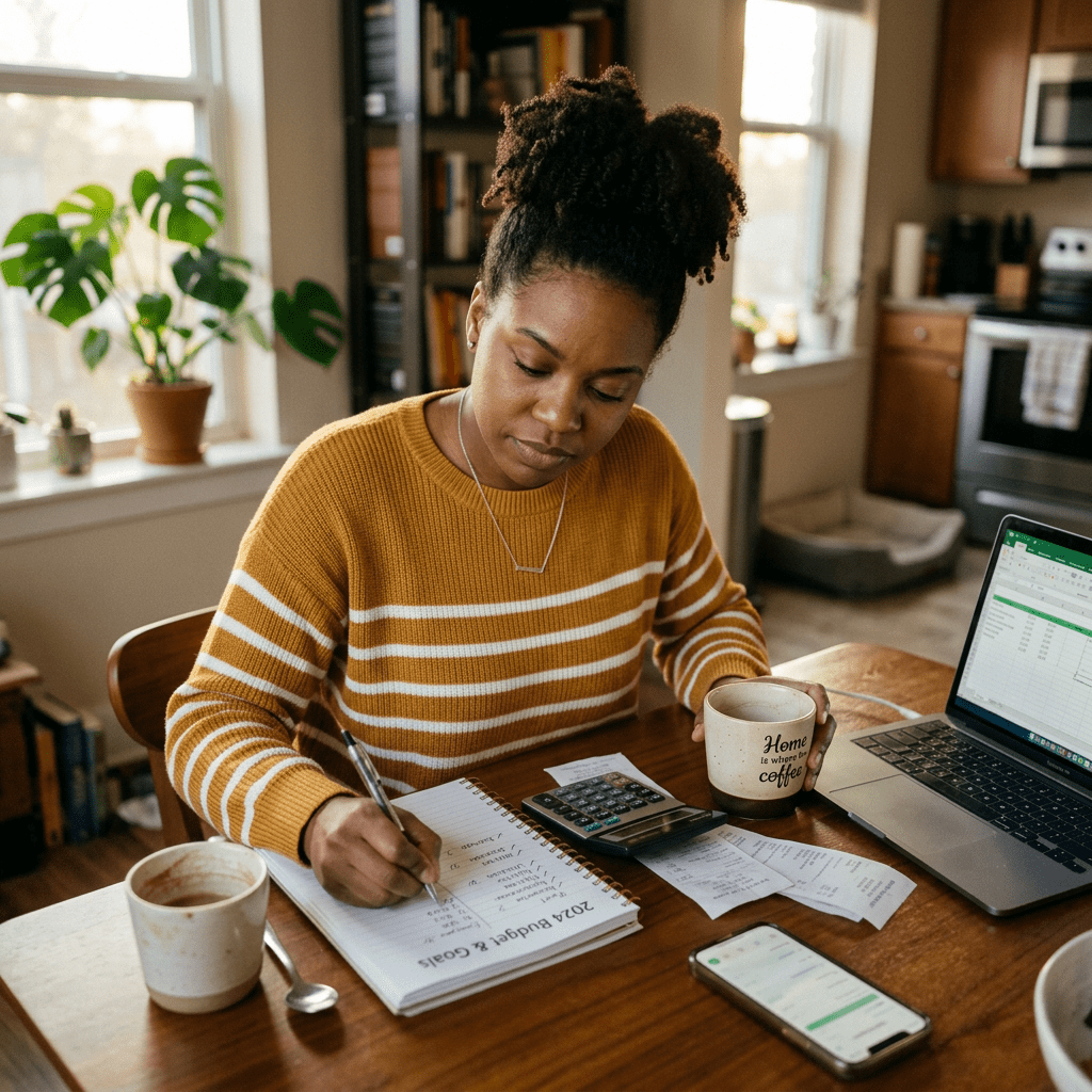 Une femme rédige son budget et ses objectifs pour 2026 à l'aide d'un carnet, d'une calculatrice et d'un ordinateur portable.