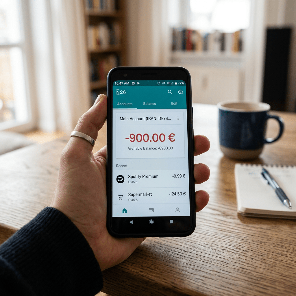 Écran de smartphone montrant un compte bancaire avec un solde de -900 euros et les transactions récentes