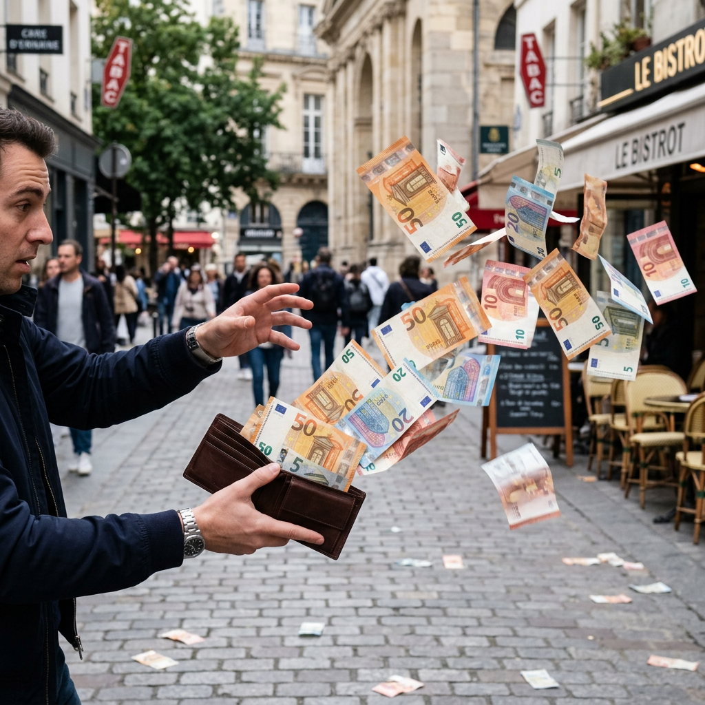 Portefeuille en cuir noir avec divers billets en euros s'envolant au-dessus dans la rue