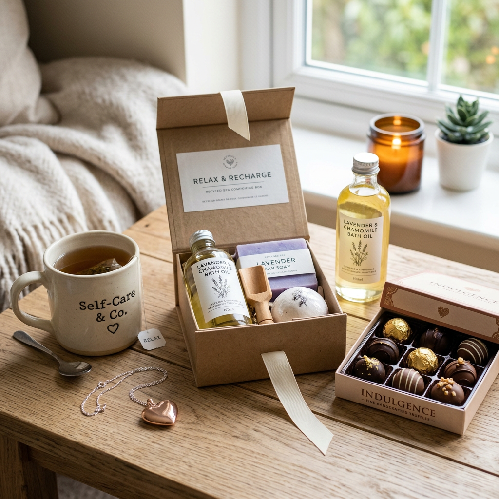Ensemble de cadeaux pour la fête des mères avec une tasse de thé, une bougie, une petite plante verte, une boite de chocolat et un coffret Spa
