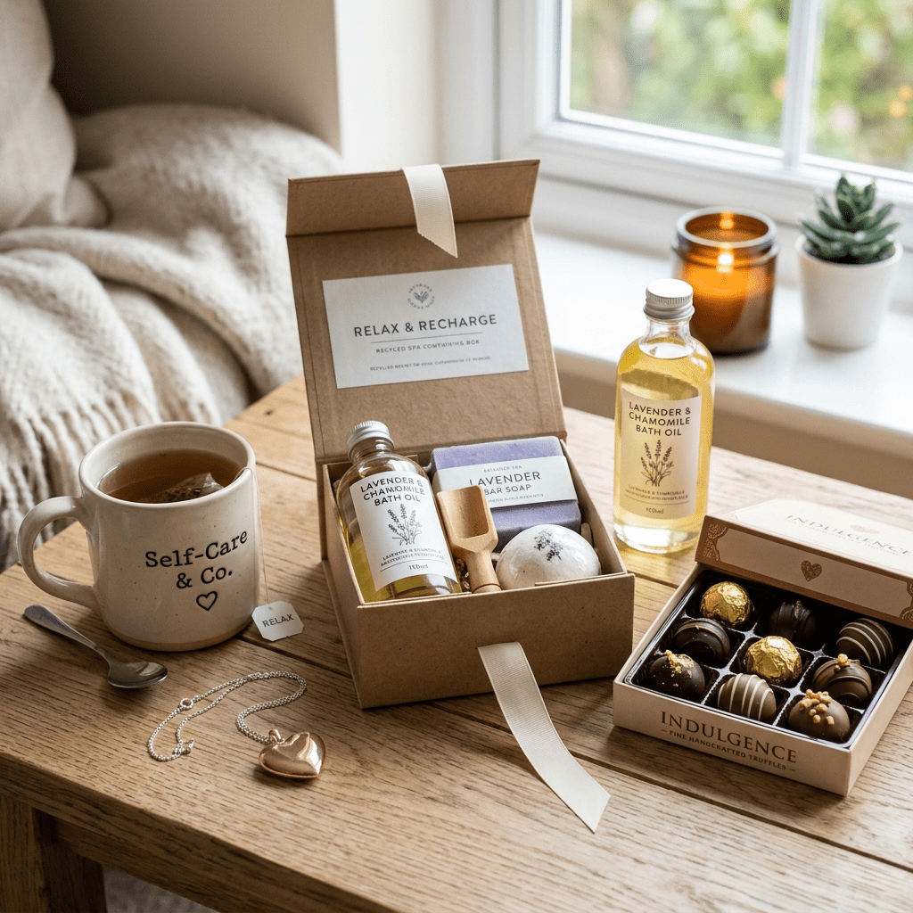 Ensemble de cadeaux pour la fête des mères avec une tasse de thé, une bougie, une petite plante verte, une boite de chocolat et un coffret Spa