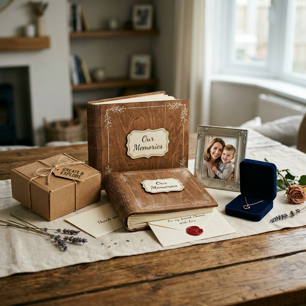 Albums photo en bois étiquetés Nos Souvenirs, photo encadrée d'une mère et son fils souriant, collier en forme de cœur dans une boîte bleue, boîte cadeau, cartes et fleurs sur une table en bois comme cadeaux de la fêtes des mères