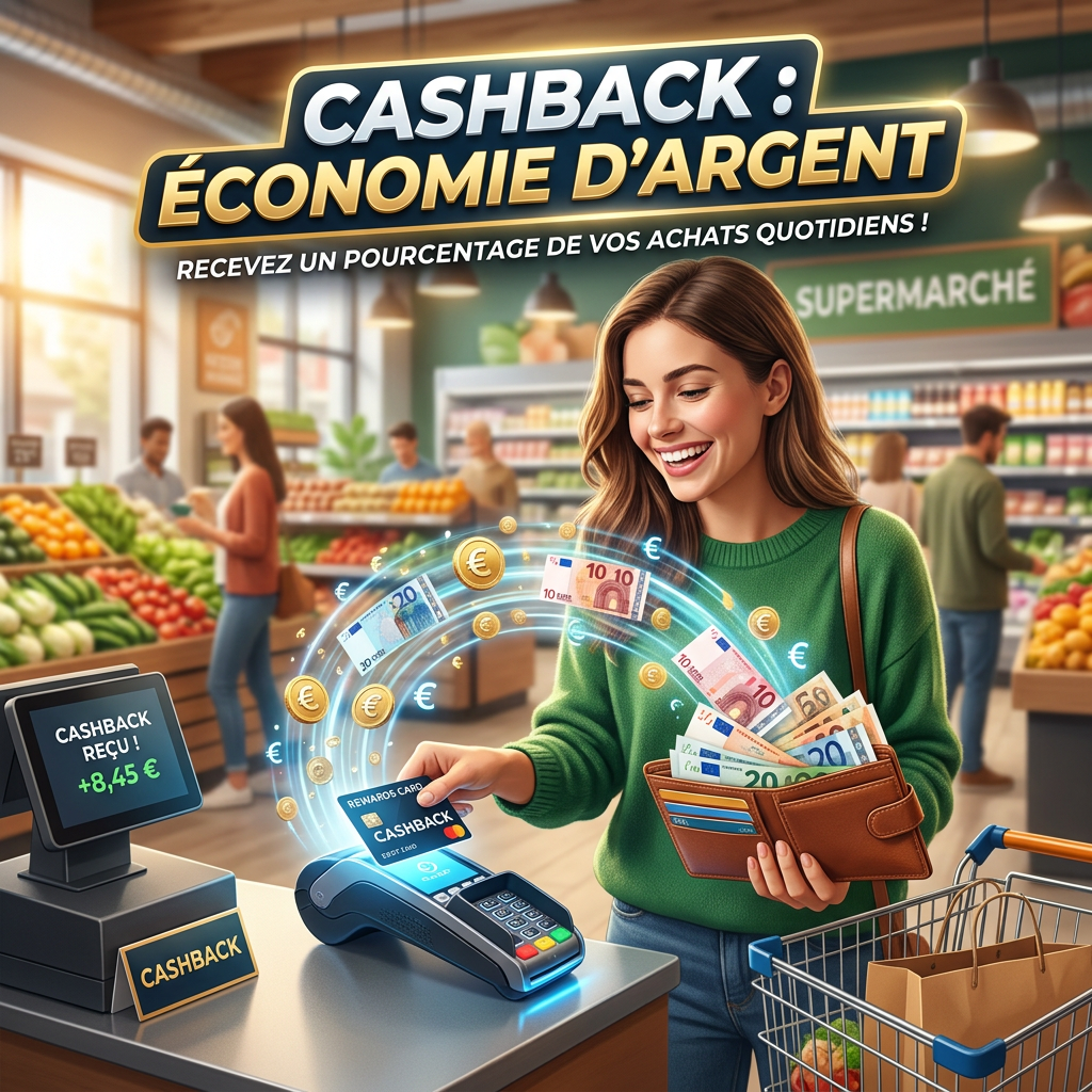 Femme effectuant un paiement mobile à la caisse du supermarché recevant des récompenses en cashback