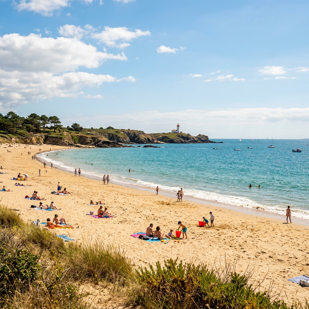 Des personnes se détendant et jouant sur une plage de sable près de l'océan avec un phare sur des falaises rocheuses en arrière-plan