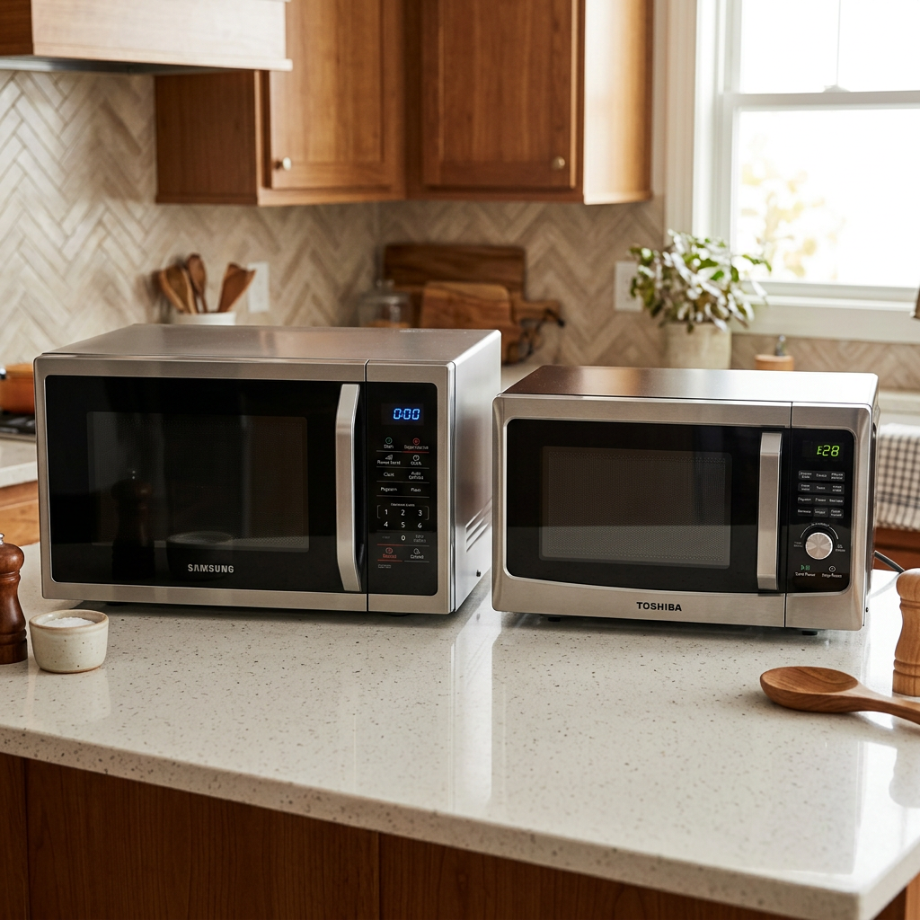 Micro-ondes en acier inoxydable Samsung et Toshiba sur un comptoir de cuisine avec une cuillère en bois et des récipients à épices à proximité