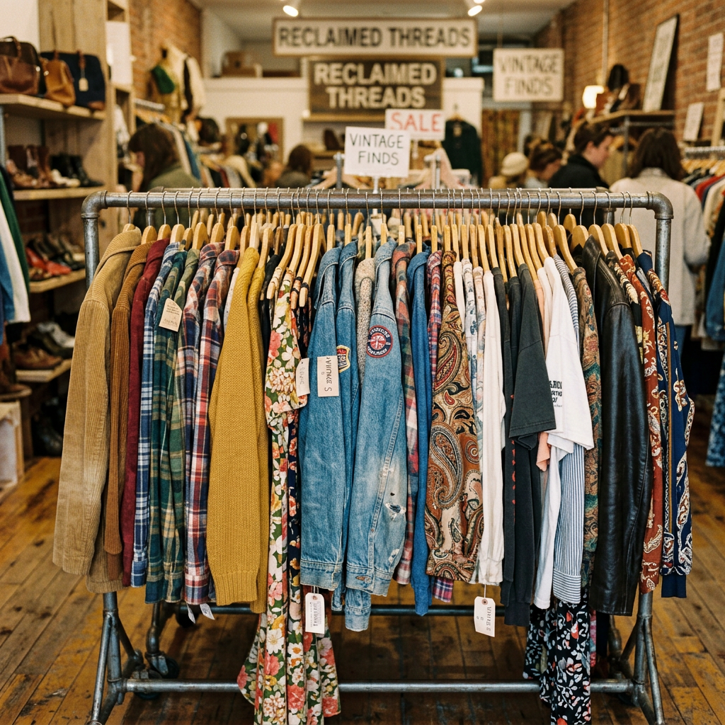 Rack filled with various vintage jackets, shirts, and dresses on wooden hangers in a clothing store